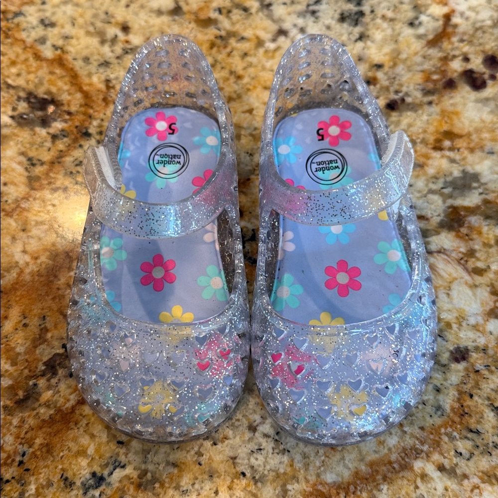Wonder Nation Glitter Jelly Sandals - Clear with Floral Accents